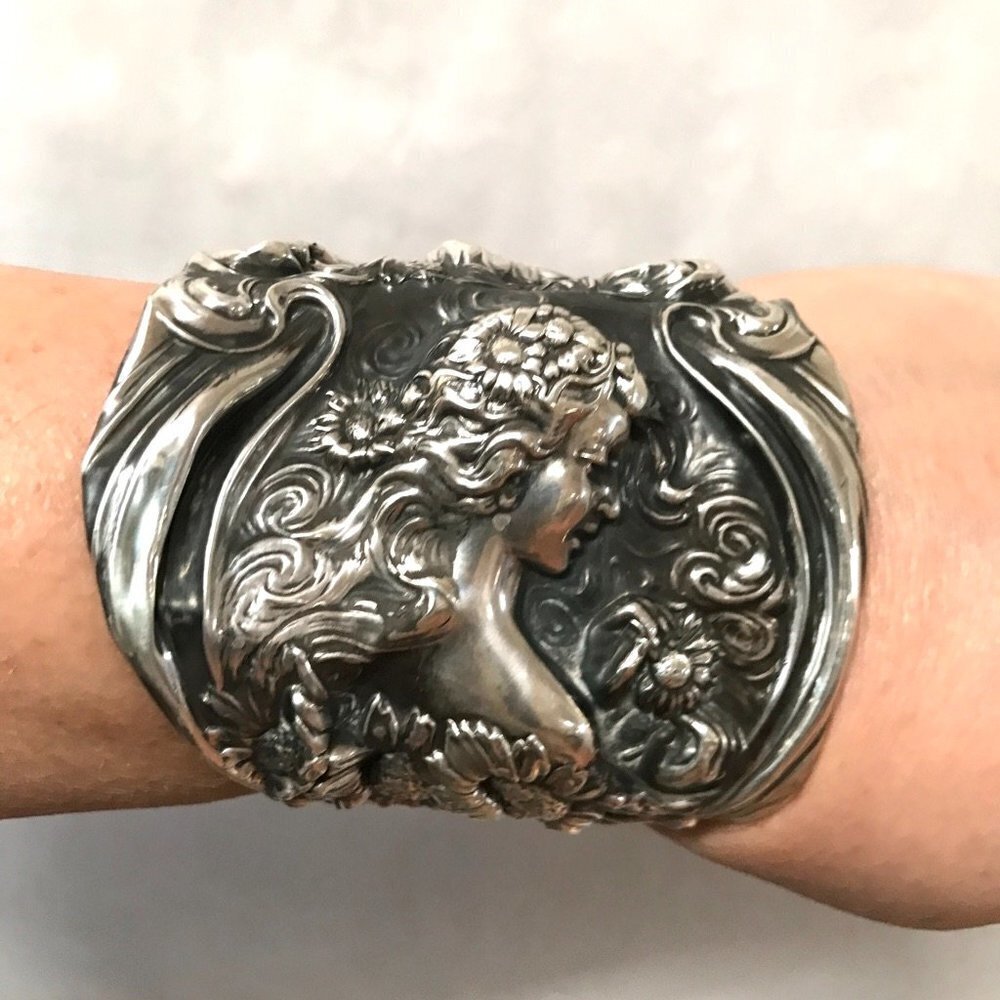 Antique Unger Bros Sterling Silver Cuff Bracelet Victorian 925 Lady Face - Picture 6 of 9
